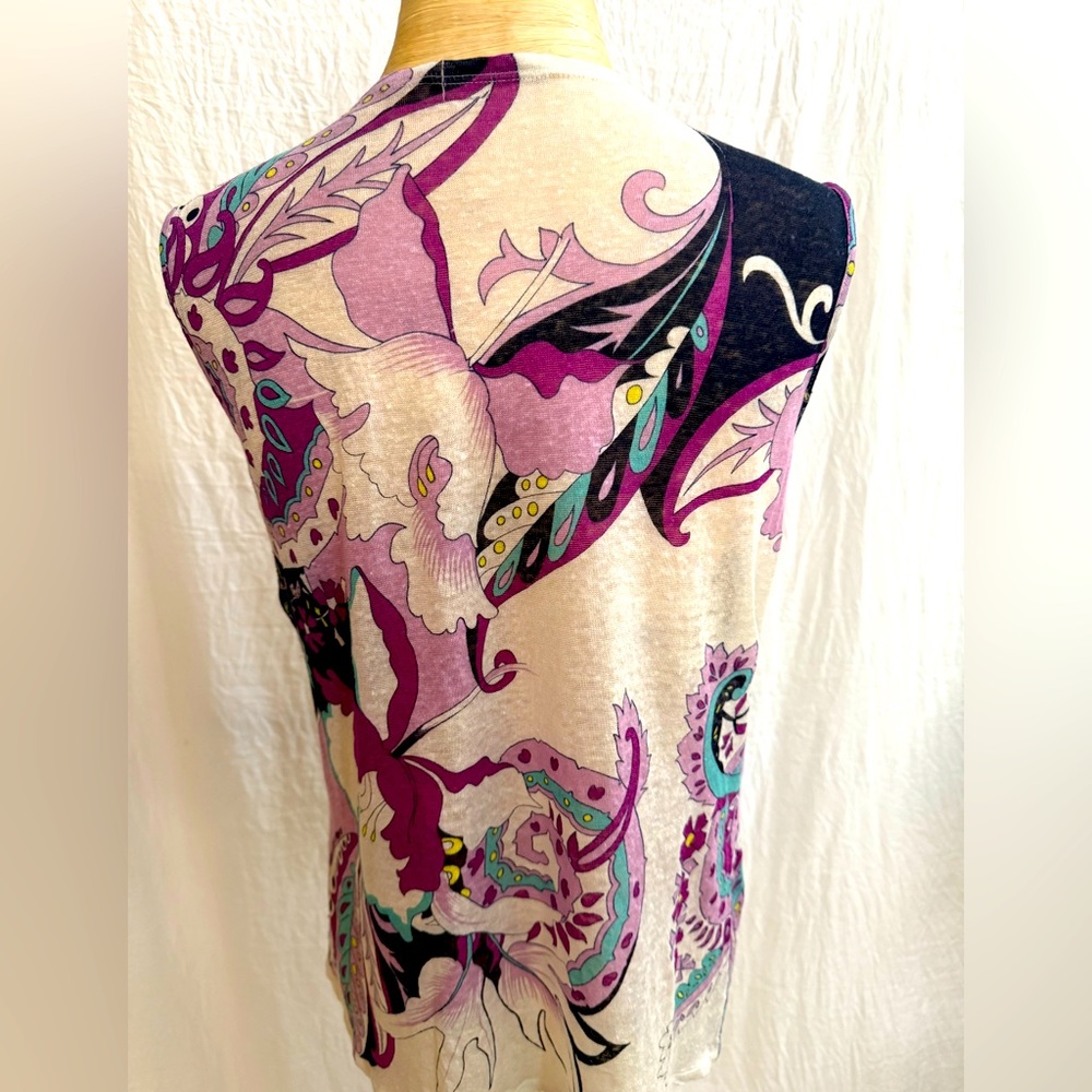 Elie Tahari Floral Linen and Silk Sleeveless Top w/Detailed Neckline - Picture 3 of 5